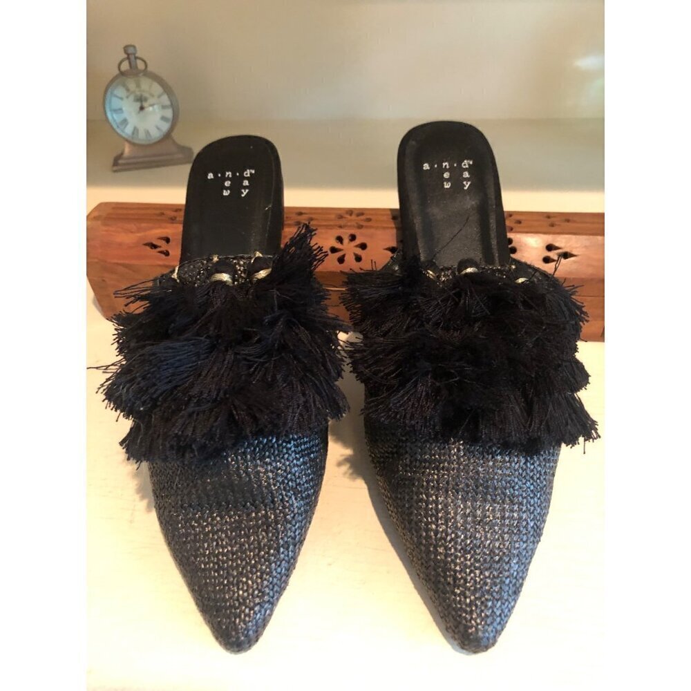 Women's A New Day Antoinette Woven Tassel Pointed Mules Black Size 6
